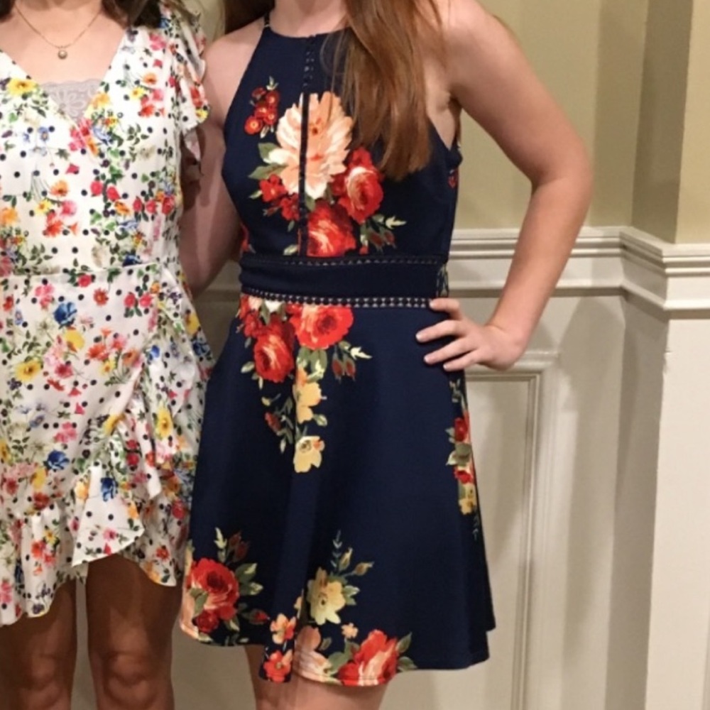 Beautiful Floral Blue Halter Neck Dress